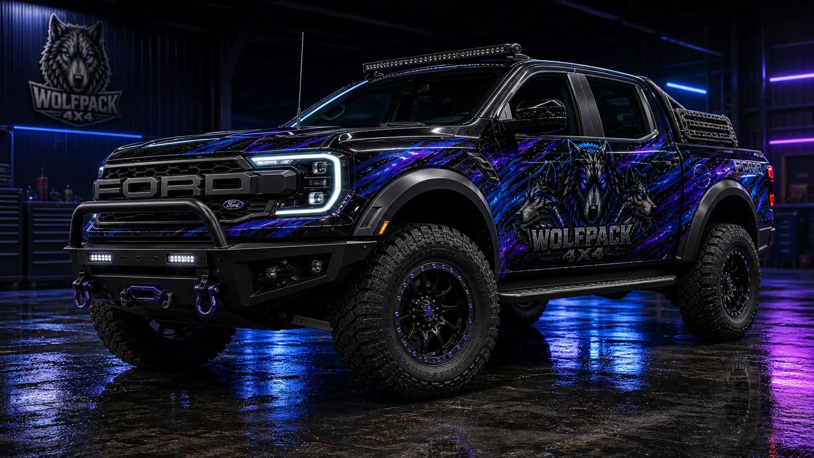 Ford Ranger Raptor with Ford badge and Wolfpack wrap