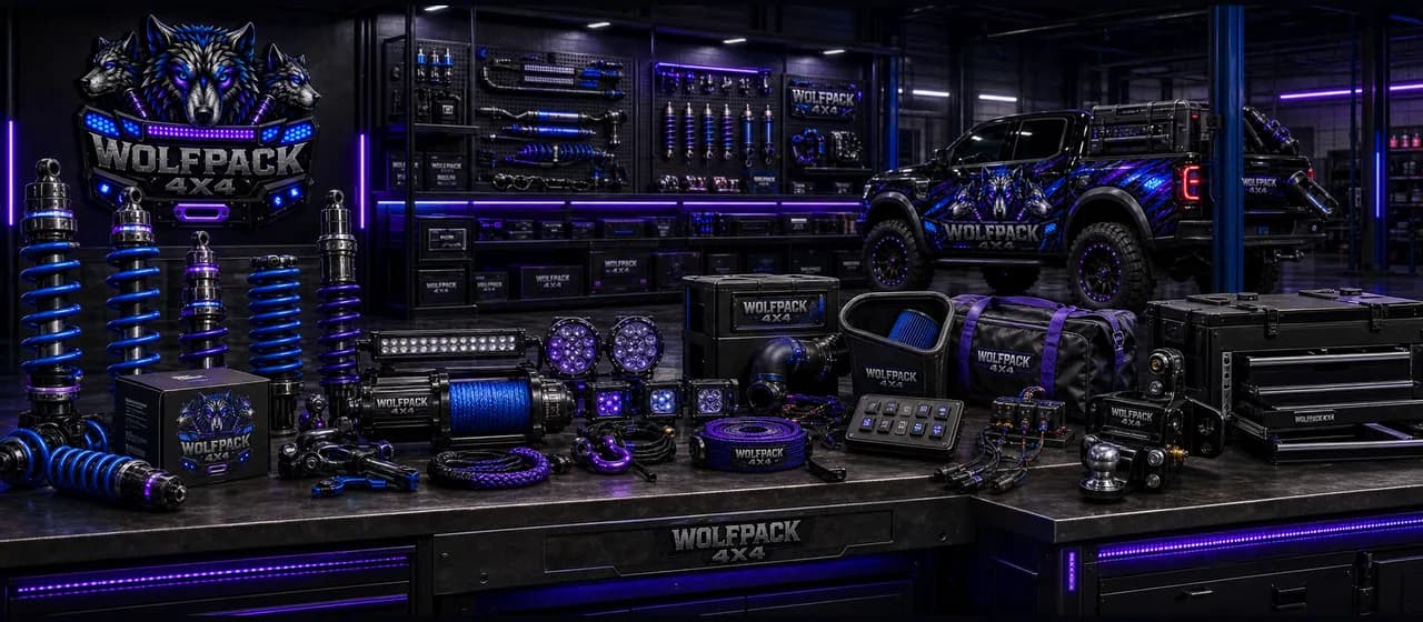 4x4 parts and accessories | Wolfpack 4x4 Wolfpack 4x4 parts and accessories service card with organised upgrade parts on a workshop bench