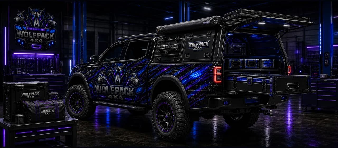 Canopies roof racks and storage | Wolfpack 4x4 Wolfpack 4x4 canopy roof rack and storage service card with ute canopy drawer and awning layout