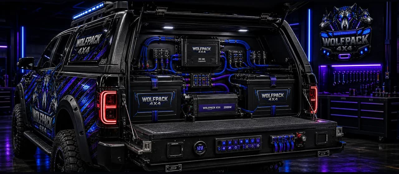 Dual battery systems | Wolfpack 4x4 Wolfpack 4x4 dual battery system service card with battery boxes charger and wiring