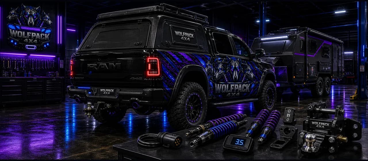 Towing and GVM support | Wolfpack 4x4 Wolfpack 4x4 towing and GVM service card with tow hitch load support and rear ute stance