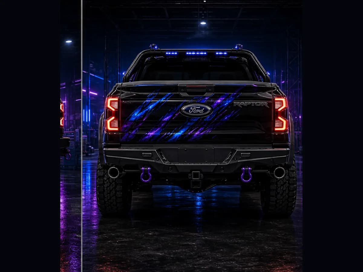 Back view of a Ford Ranger Raptor with Ford badge and Wolfpack black blue purple wrap