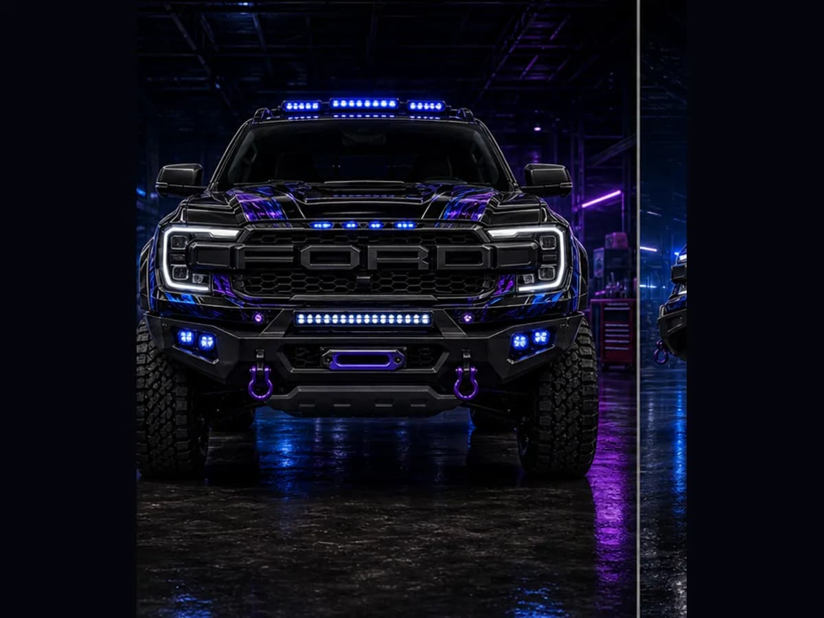 Front view of a Ford Ranger Raptor with Ford badge and Wolfpack black blue purple wrap
