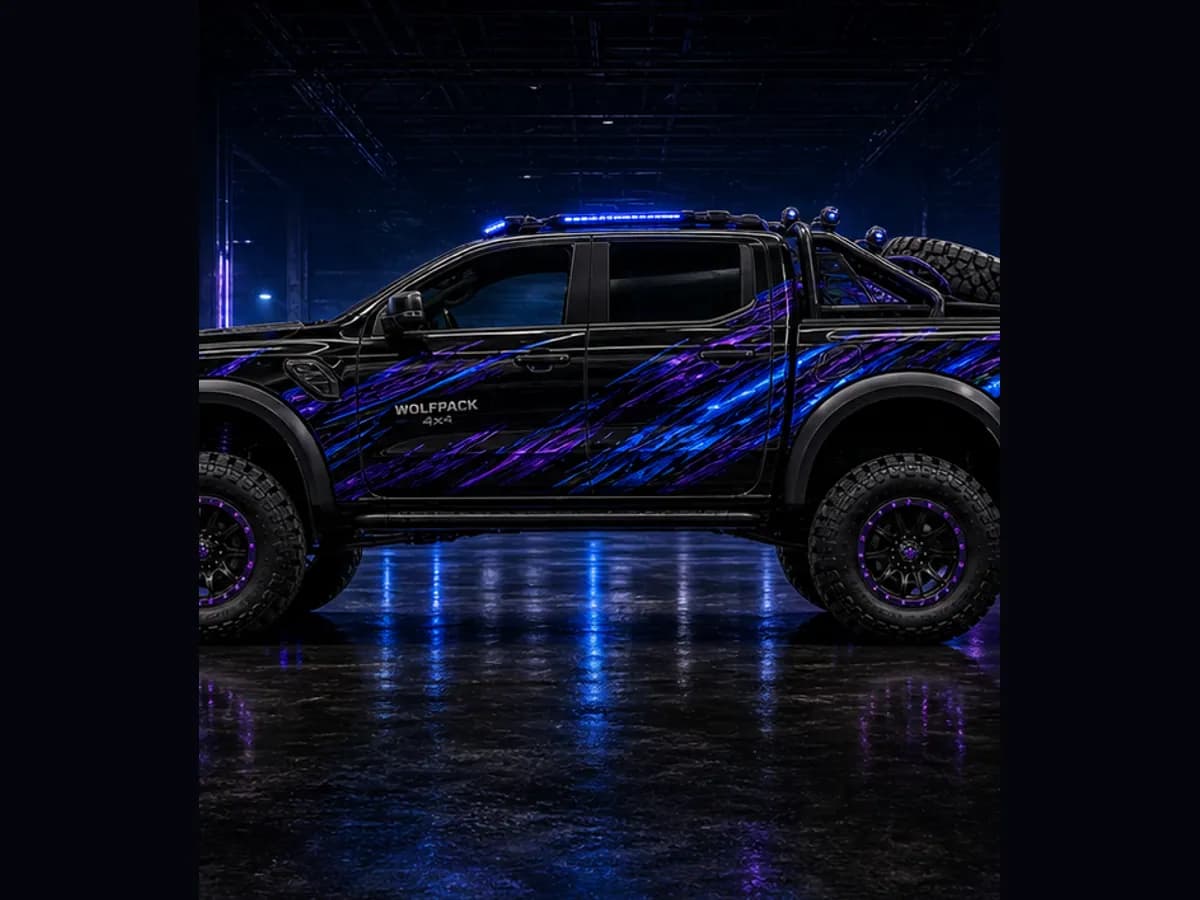 Side view of a Ford Ranger Raptor with Wolfpack black blue purple wrap