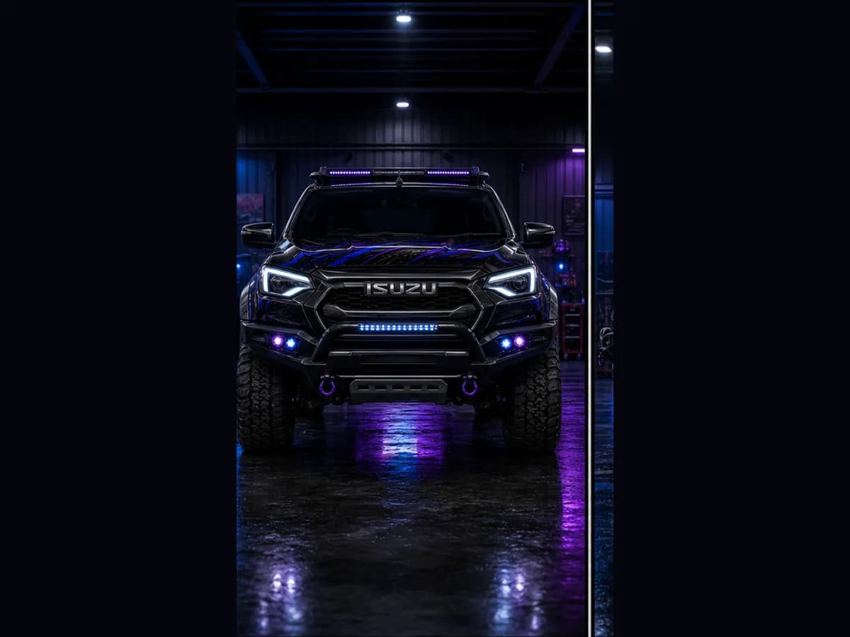 Front view of an Isuzu D-MAX Blade with Isuzu badge and Wolfpack wrap