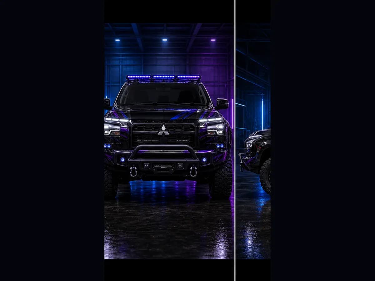Front view of a Mitsubishi Triton GSR with Mitsubishi badge and Wolfpack wrap