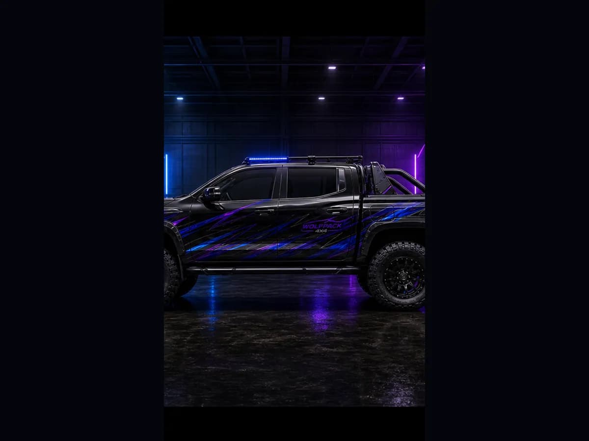 Side view of a Mitsubishi Triton GSR with Wolfpack wrap