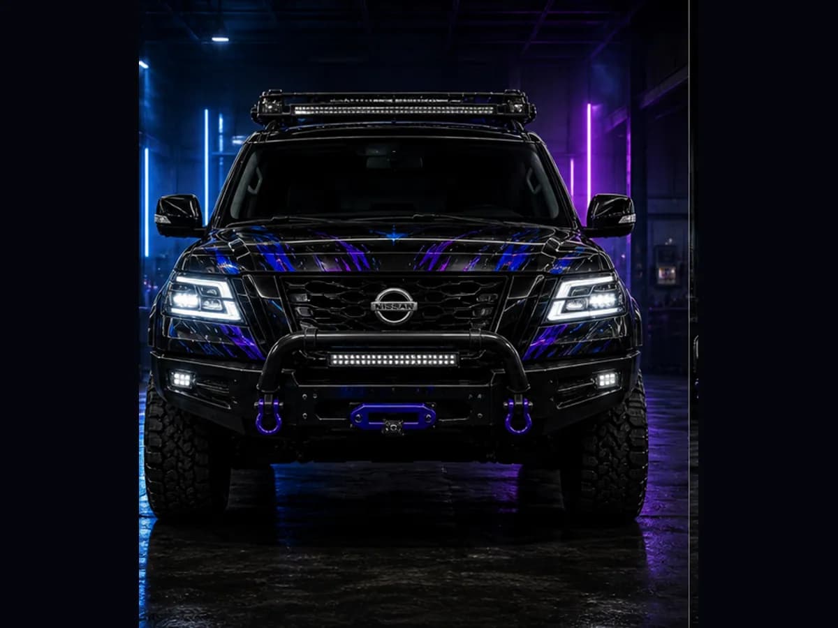 Front view of a Nissan Patrol Warrior with Nissan badge and Wolfpack wrap