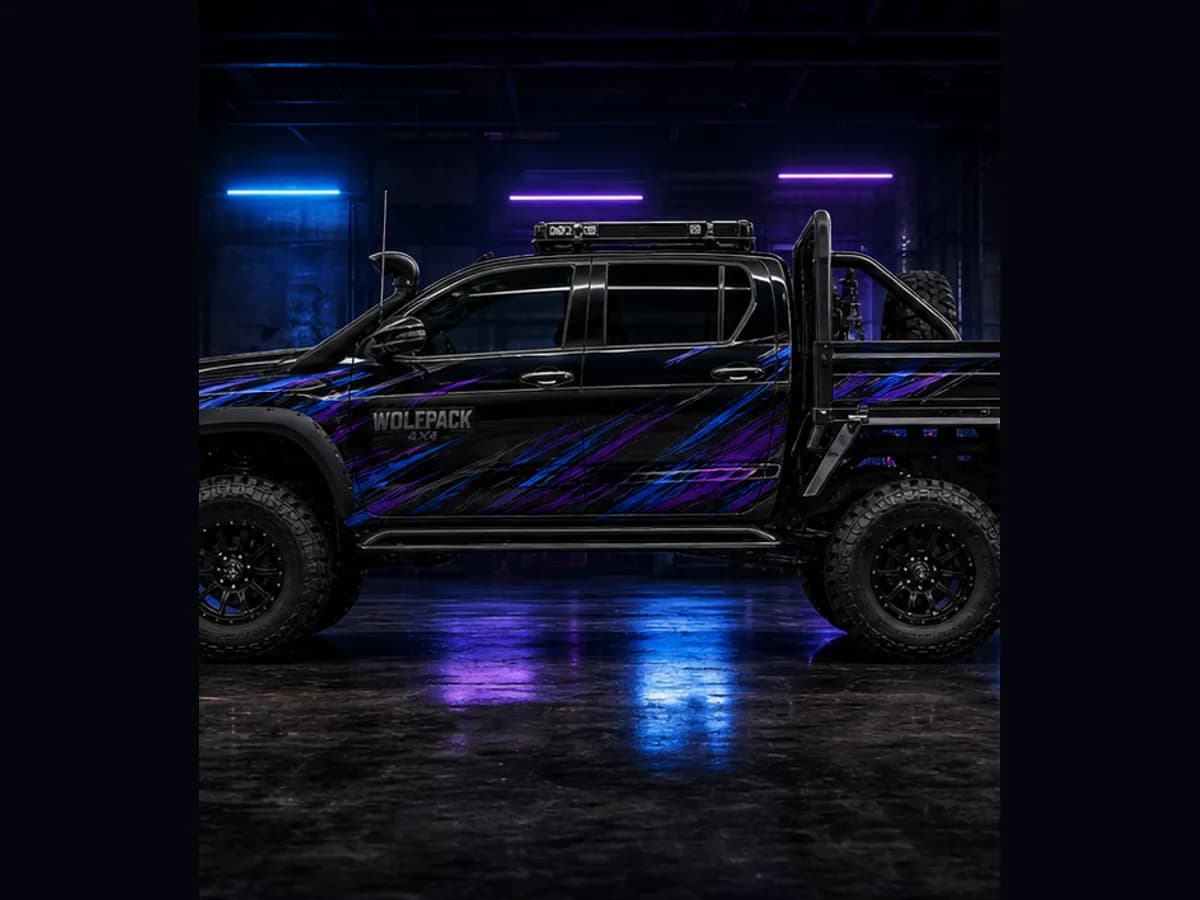 Side view of a Toyota HiLux GR Sport with Wolfpack wrap