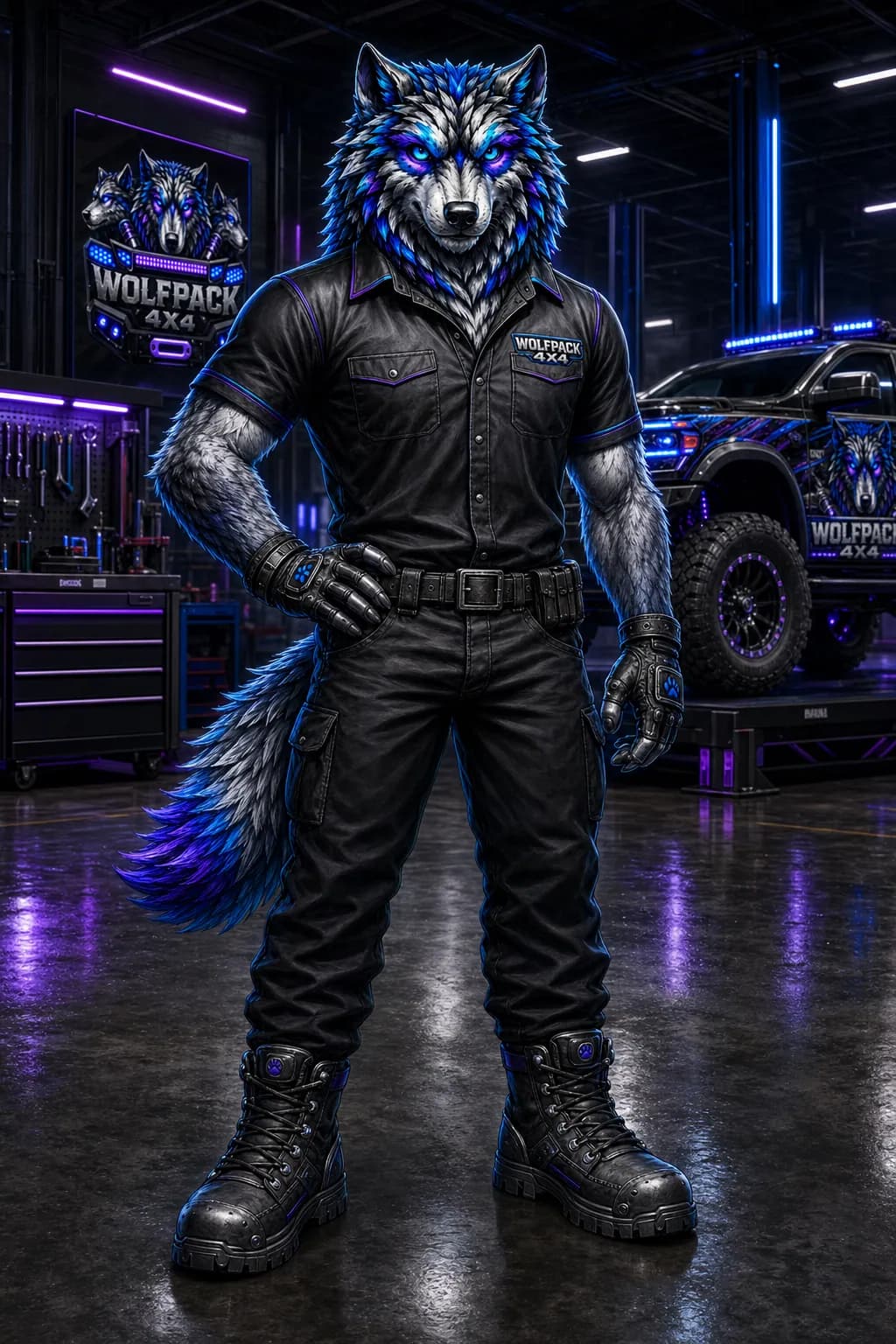 Wolfpack 4x4 mascot wearing a button-up workshop service shirt