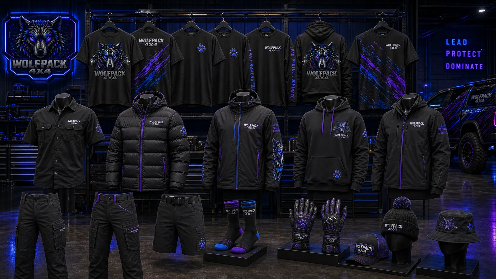 Wolfpack 4x4 clothing line with t-shirts, jackets, hoodie, hats and socks
