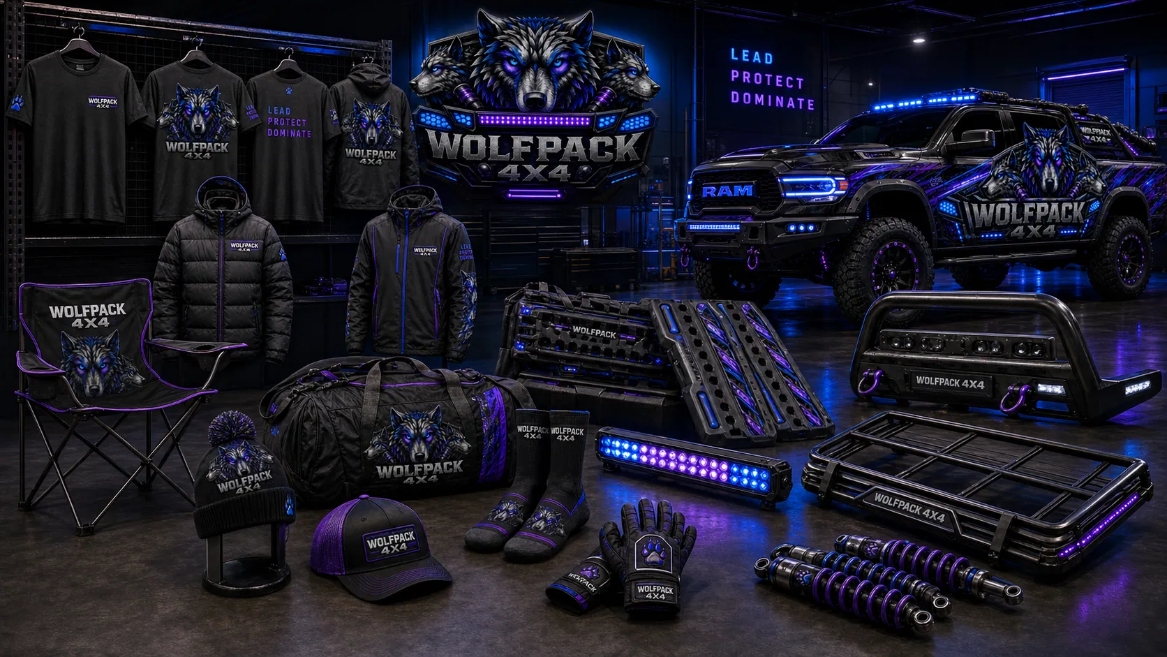 Wolfpack 4x4 apparel, camp gear and performance accessories arranged in a dark workshop